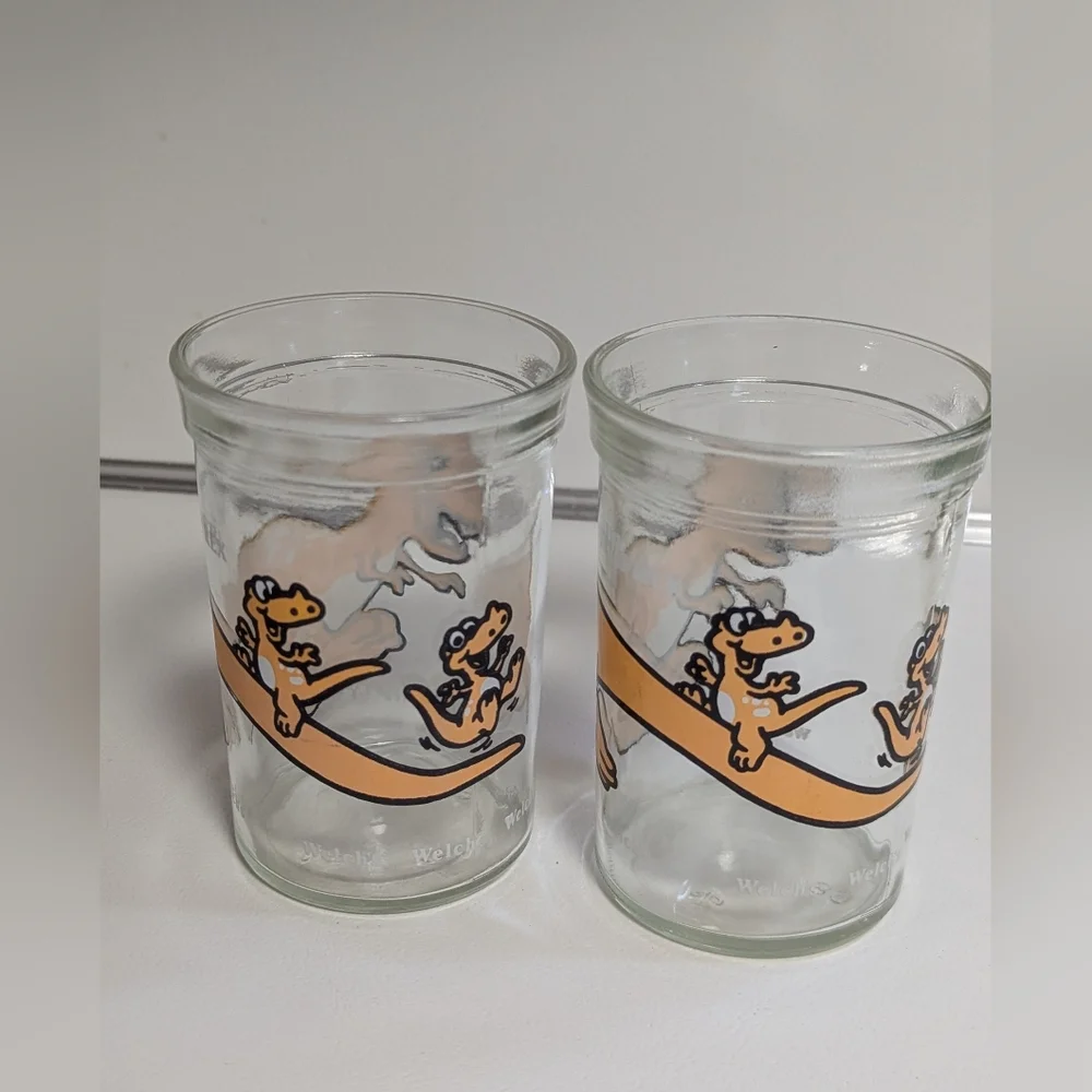 1988 Dinosaur Welch's T-Rex Jelly Jar Tyrannosaurus Rex Juice Drinking Glass X 2 - Picture 2 of 7